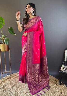 Pink soft silk floral border contrast zari woven saree 1