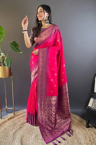 Pink soft silk floral border contrast zari woven saree