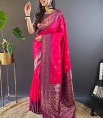 Pink soft silk floral border contrast zari woven saree