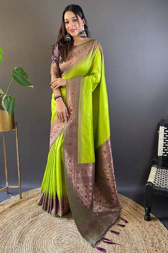 Pista soft silk floral border contrast zari woven saree