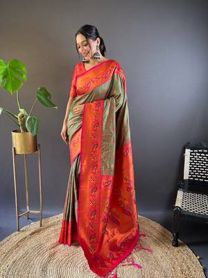 Mehendi green original maharashtrian meenakari yeola paithani silk zari woven saree 1
