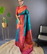 Green with pink original maharashtrian meenakari yeola paithani silk zari woven saree