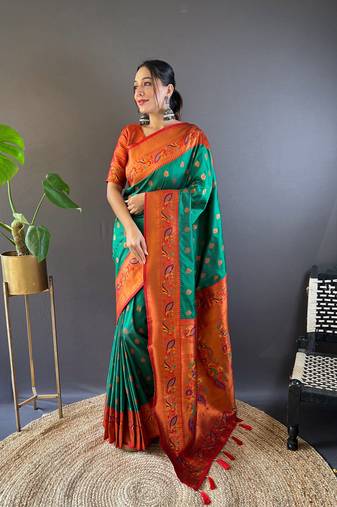 Green with red original maharashtrian meenakari yeola paithani silk zari woven saree