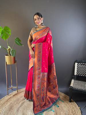 Pink original maharashtrian meenakari yeola paithani silk zari woven saree 1