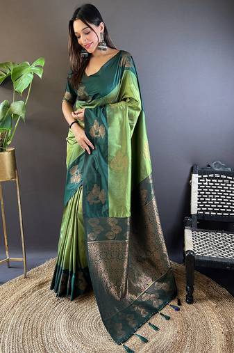 Pista soft silk floral border contrast zari woven saree