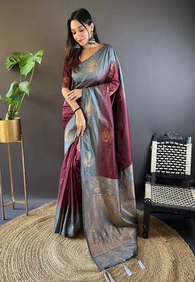 Brown soft silk floral border contrast zari woven saree 1