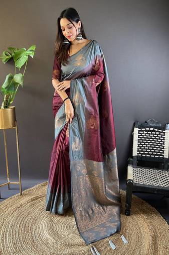 Brown soft silk floral border contrast zari woven saree