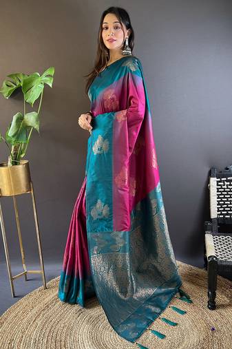 Pink soft silk floral border contrast zari woven saree