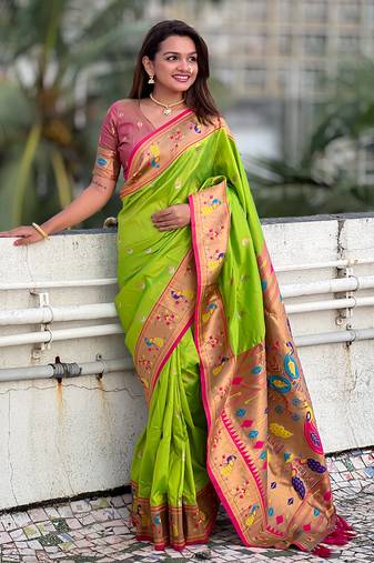 Pista contrast zari woven chandrakor swan yeola paithani silk saree