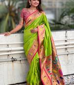 Pista contrast zari woven chandrakor swan yeola paithani silk saree