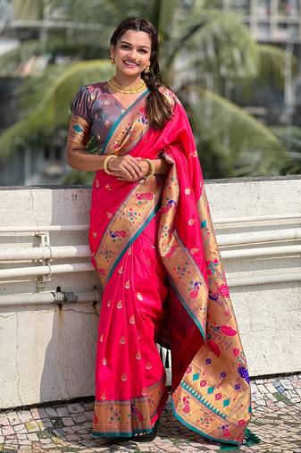 Pink contrast zari woven chandrakor swan yeola paithani silk saree