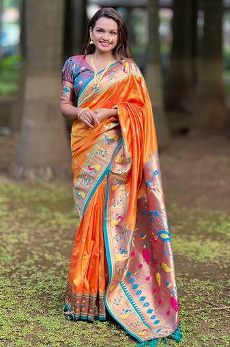 Gold contrast zari woven chandrakor swan yeola paithani silk saree