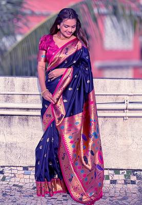 Navy Blue Paithni Silk Zari Woven Saree with Blouse for Women 1