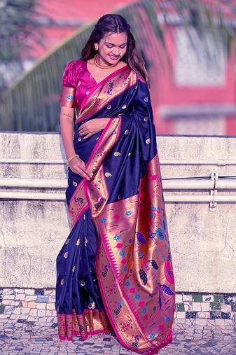 Navy Blue Paithni Silk Zari Woven Saree with Blouse for Women