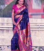 Navy Blue Paithni Silk Zari Woven Saree with Blouse for Women