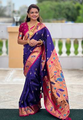 Violet contrast zari woven chandrakor swan yeola paithani silk saree 1
