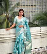 Sky blue kanjivaram soft tissue silk leheriya traditional zari woven saree