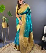 Rama blue with lavender soft silk floral border contrast zari woven saree