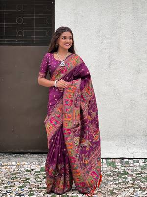 Wine pashmina kashmiri silk zari woven saree 1