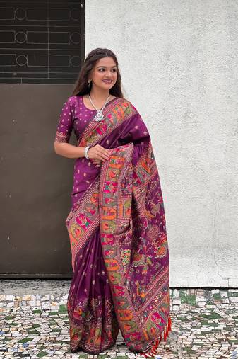 Wine pashmina kashmiri silk zari woven saree