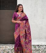 Wine pashmina kashmiri silk zari woven saree