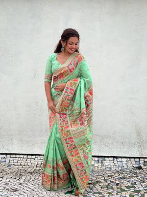 Pista pashmina kashmiri silk zari woven saree 3