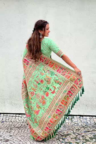 Pista pashmina kashmiri silk zari woven saree