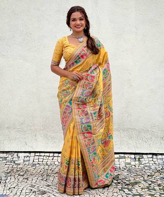 Yellow pashmina kashmiri silk zari woven saree 1