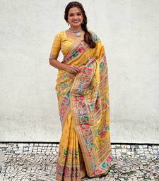 Yellow pashmina kashmiri silk zari woven saree