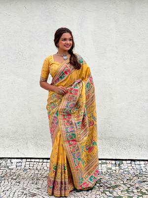 Yellow pashmina kashmiri silk zari woven saree 4