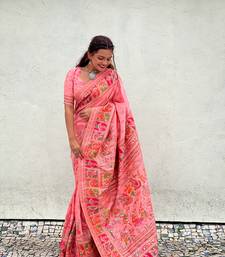 Baby pink pashmina kashmiri silk zari woven saree