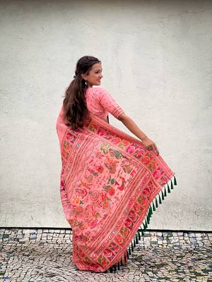 Baby pink pashmina kashmiri silk zari woven saree 4