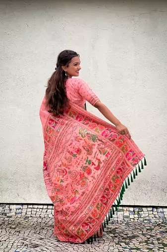 Baby pink pashmina kashmiri silk zari woven saree