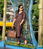 Women Solid Plain Rayon V neck Brown kurta pant set