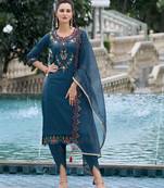  teal blue viscose silk floral embroidered straight kurta with tulip pant & dupatta