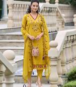  yellow viscose silk floral embroidered straight kurta with tulip pant & dupatta
