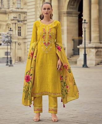  mustard viscose silk floral & leaf embroidered straight kurta with pant & dupatta 1