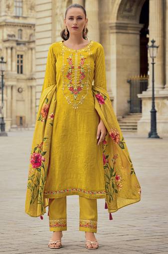  mustard viscose silk floral & leaf embroidered straight kurta with pant & dupatta