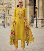  mustard viscose silk floral & leaf embroidered straight kurta with pant & dupatta