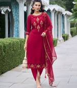  maroon viscose silk floral embroidered straight kurta with tulip pant & dupatta