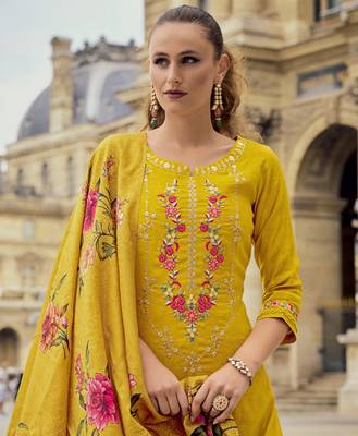  mustard viscose silk floral & leaf embroidered straight kurta with pant & dupatta 3