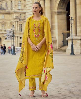  mustard viscose silk floral & leaf embroidered straight kurta with pant & dupatta 4