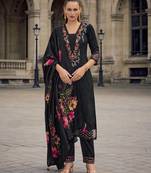  black viscose silk floral & leaf embroidered straight kurta with pant & dupatta