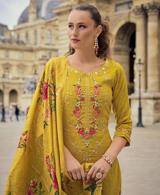  mustard viscose silk floral & leaf embroidered straight kurta with pant & dupatta 5