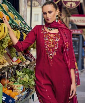  maroon milan silk floral embroidered straight kurta with divider plazzo & dupatta 1