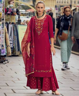  maroon milan silk floral embroidered straight kurta with divider plazzo & dupatta 3