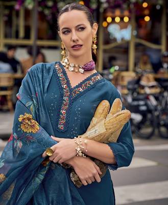  teal milan silk floral embroidered straight kurta with divider plazzo & dupatta 1