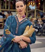  teal milan silk floral embroidered straight kurta with divider plazzo & dupatta