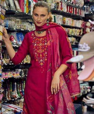  maroon milan silk floral embroidered straight kurta with divider plazzo & dupatta 4