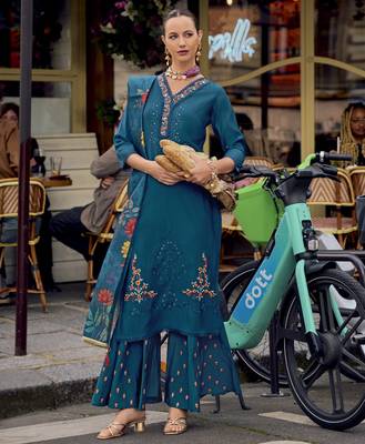  teal milan silk floral embroidered straight kurta with divider plazzo & dupatta 3
